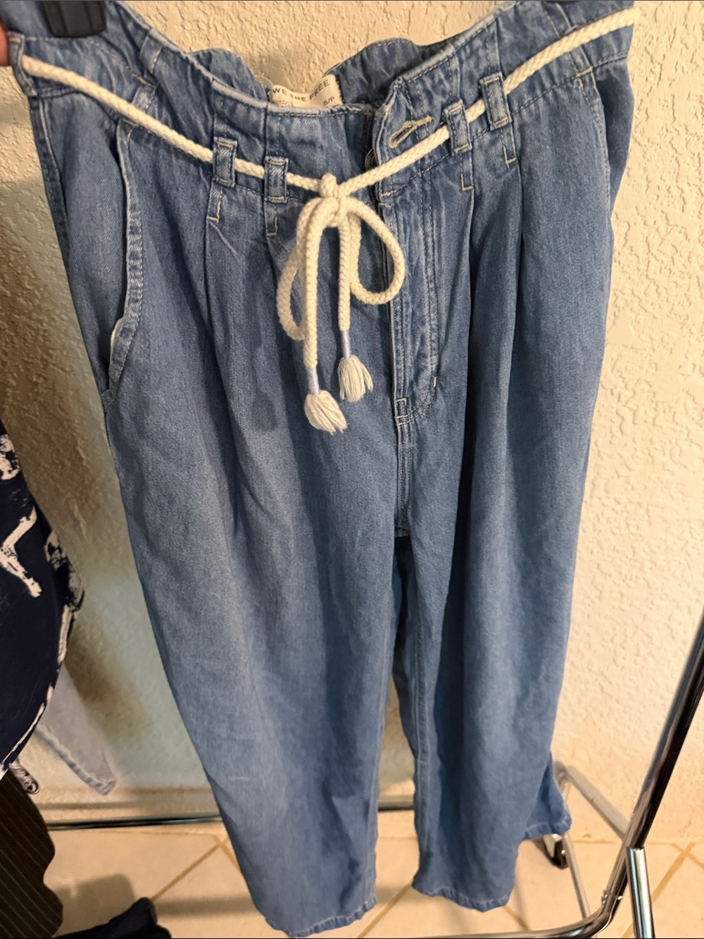 We The Free Light Blue Wide-Leg Paperbag Jeans with Rope Tie